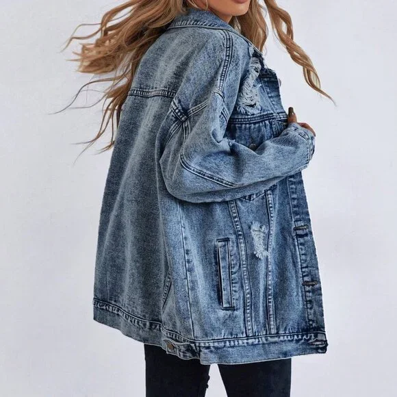 Light Wash Casual Women's Ripped Drop Shoulder Denim Coat - Picture 2 of 6